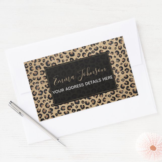 Adesivo Retangular Elegante Glitter Dourado Impressão de Leopardo Pre (Envelope)