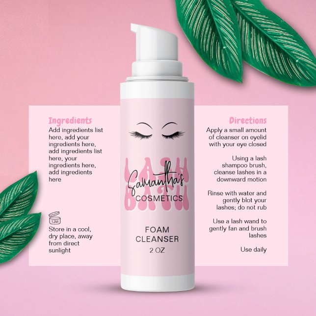 Adesivo Retangular Embalagem de Limpa Extensões de Cílios com Fonte R (Retro font pink aesthetic lash bath cleanser bottle labels with ingredients & directions)