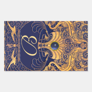 Adesivo Retangular Embarcação antiga, golfinhos, ouro, monograma do