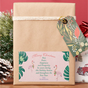 Adesivo Retangular Enfeites de Natal Tropicais Rosa Flamingo Chapéu d