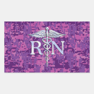 Adesivo Retangular Enfermeira Registrada RN Silver Caduceus em Pink C