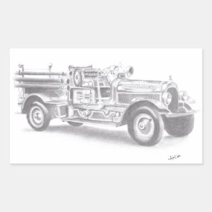 Adesivo Retangular esboço de caminhão de bombeiros vintage desenhado 