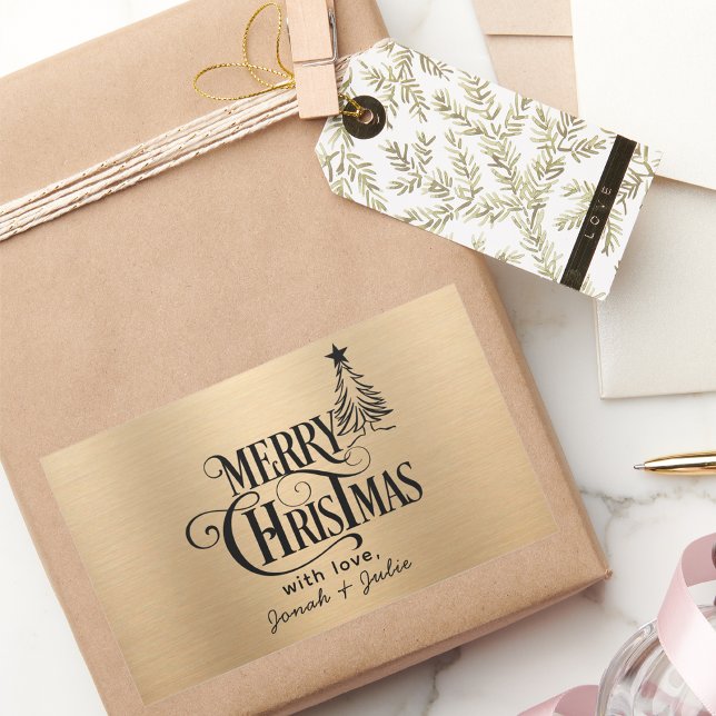 Adesivo Retangular Escuro de Natal Elegante, Dourado e Negro (Criador carregado)