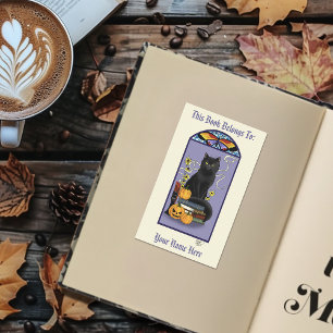 Adesivo Retangular Ex libris do Gato Preto Art Nouveau Abóbora Roxa
