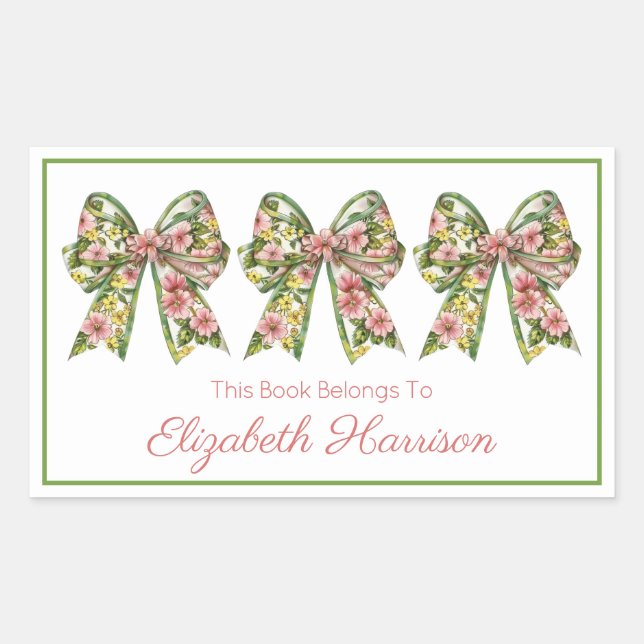 Adesivo Retangular Ex-libris Personalizado Floral Rosa e Verde (Frente)