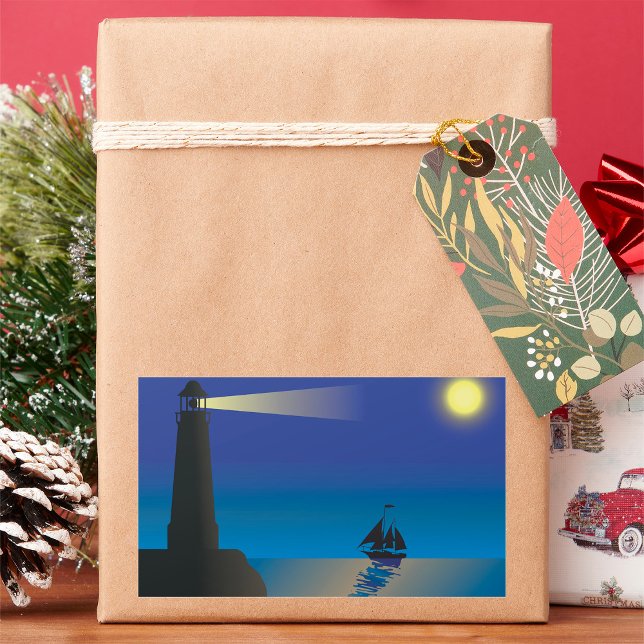 Adesivo Retangular Farol e veleiro no Oceano Luar Noturno (Criador carregado)