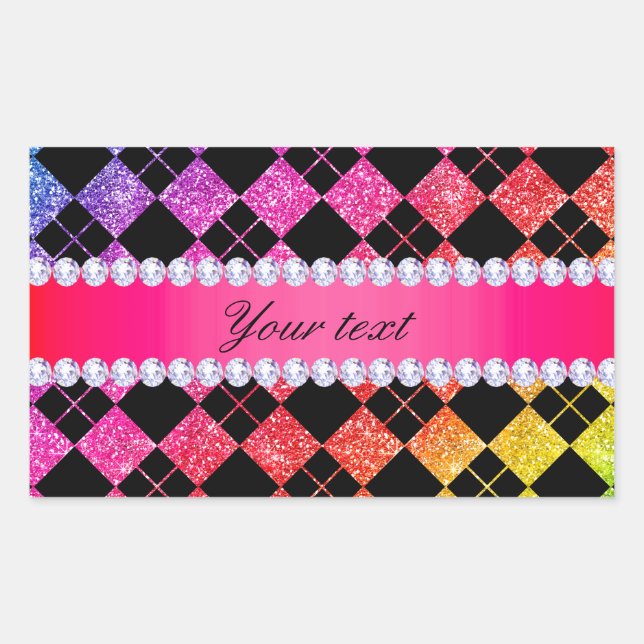 Adesivo Retangular Faux Rainbow Neon Glitter Diamantes Pretos (Frente)