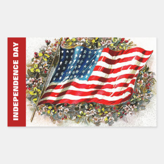 Adesivo Retangular Feliz 4 de julho. Vintage USA Flag e Flowers