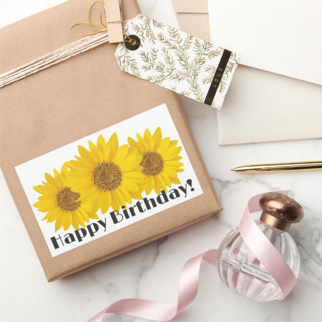 Adesivo Retangular Feliz Aniversário Amarelo Girassóis (Presentear)
