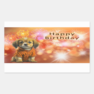 Adesivo Retangular Feliz Aniversário com Cachorrinho e Fogos de Artif
