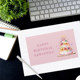 Adesivo Retangular Feliz Aniversário Rosa Colorida