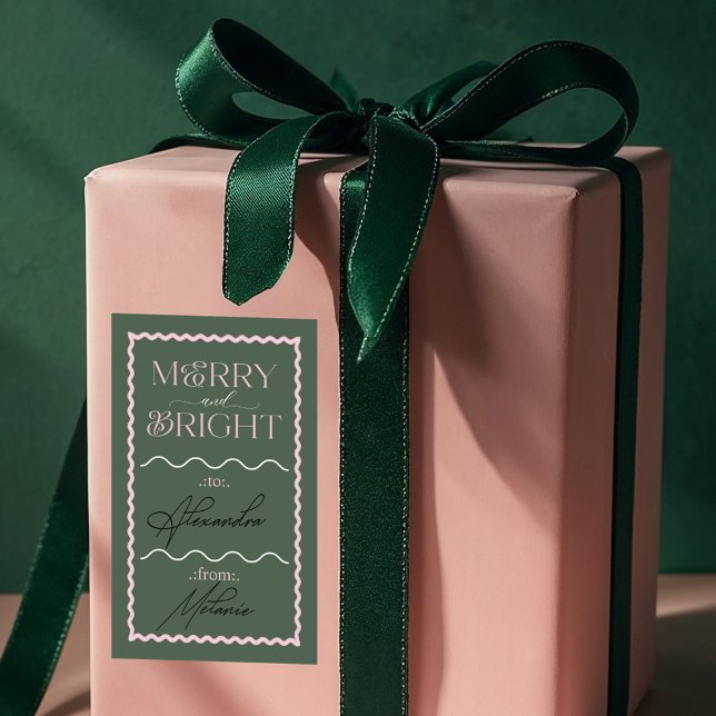 Adesivo Retangular Feliz & Brilhante Verde Moderno Onda Para E De (Merry & Bright Modern Green Retro Wavy To & From Rectangular Sticker)