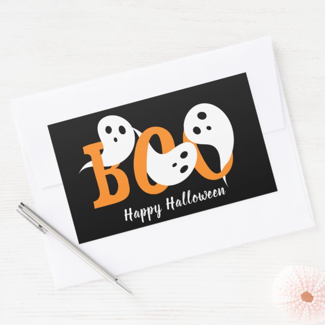 Adesivo Retangular Feliz Halloween Boo Fantasmas Negros (Envelope)