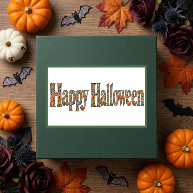 Adesivo Retangular Feliz Halloween Laranja Teia de Aranha de Outono A (Boo-tiful Moments Pumpkins Enchanting Greenery Art Square Sticker)