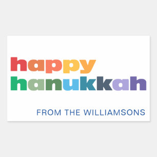 Adesivo Retangular Feliz Hanukkah Tipografia Arco-Íris Simples Person