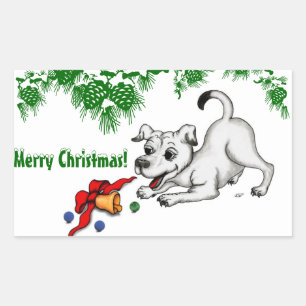 Adesivo Retangular Feliz Natal! Cachorro com Bell e Ball