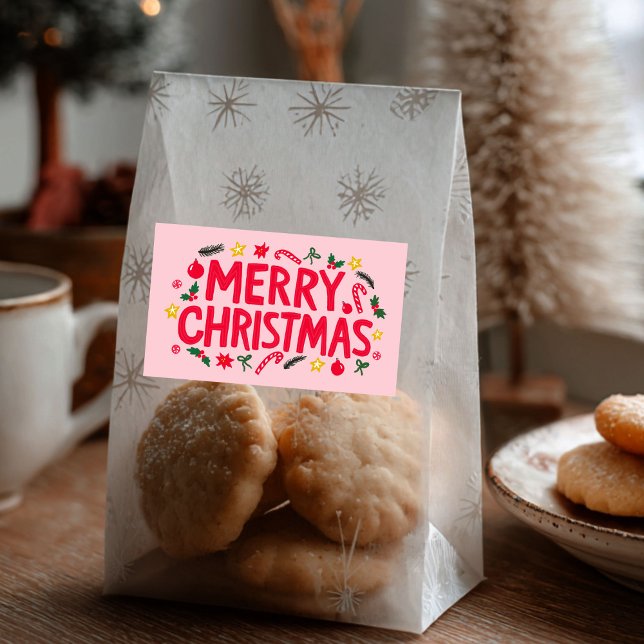 Adesivo Retangular Feliz Natal CLIENTE Desenhado à Mão (Merry Christmas Cute Hand-Drawn CUSTOM Rectangular Large Pink Holiday Sticker
)