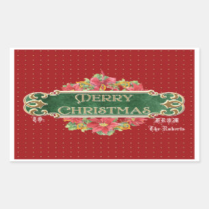 Adesivo Retangular Feliz Natal Dourado Swirl Poinsettia Wreath Jewel