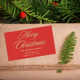 Adesivo Retangular Feliz Natal Elegante, Dourado, Natal Vermelho