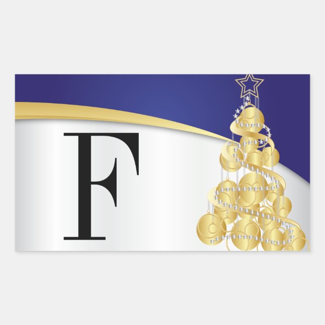 Adesivo Retangular Feliz Natal Monograma Azul Brilho e Dourado (Frente)
