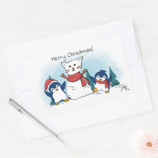 Adesivo Retangular Feliz Natal Pinguins construindo um Gato de Neve