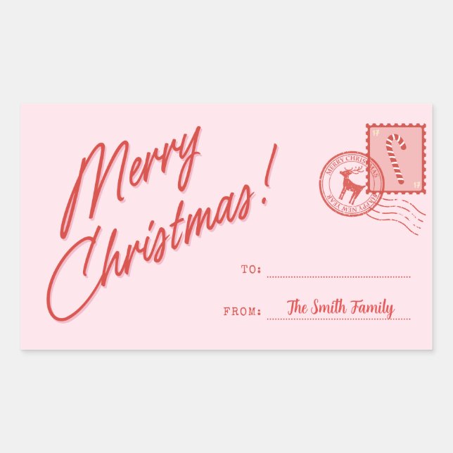 Adesivo Retangular Feliz Natal Rosa e Vermelho Retro Personalizável  (Frente)