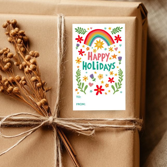 Adesivo Retangular Feriados Felizes Arco-Íris Cute PERSONALIZADO PARA (Happy Holidays Rainbow Cute CUSTOM TO FROM Rectangular Colorful Hand Drawn Sticker
)