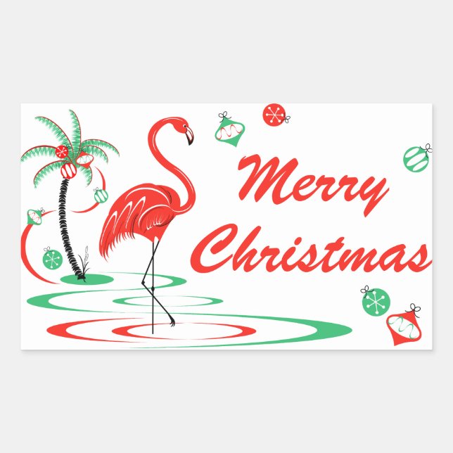 Adesivo Retangular Flamingo de Natal Vermelho retângulo de Natal Feli (Frente)