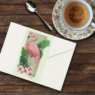 Adesivo Retangular Flamingo Rosa Tropical Folhas de Palmeira Verde Lí