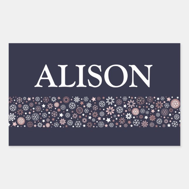 Adesivo Retangular Floco de neve Texto branco-rosa e azul de inverno (Frente)