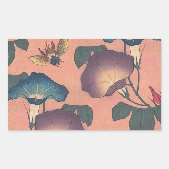 Adesivo Retangular Flor de Abelha Rosa Arte Clássica Hokusai (Frente)