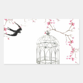 Adesivo Retangular Flor de cereja, pássaro, gaiola - original, na mod