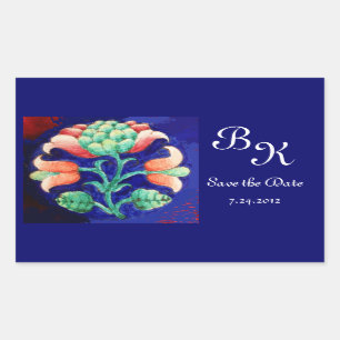 ADESIVO RETANGULAR FLOR ESTILIZADO, MONOGRAMA FLORAL AZUL VERDE