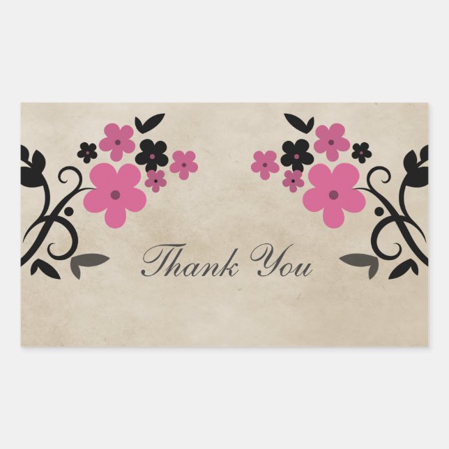 Adesivo Retangular Floral, Agradável Vintage, Rosa, Agradeço (Frente)