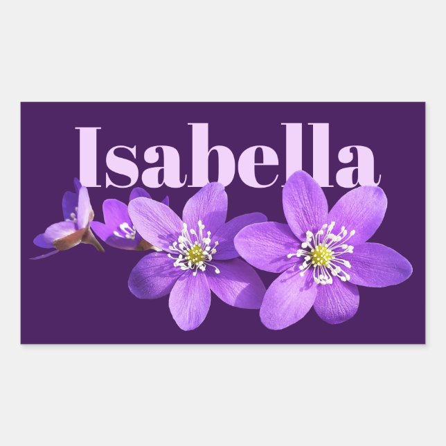 Adesivo Retangular Flores de Hepática Roxa Nome Roxo Escuro (Frente)