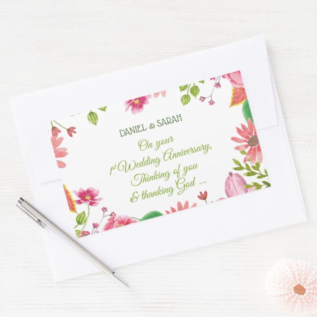 Adesivo Retangular Flores do 1º Aniversário de Casamento Religioso (Envelope)
