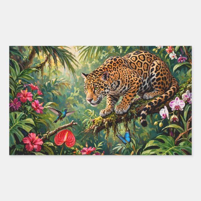 Adesivo Retangular Floresta Tropical Jaguar Beija-flores Borboletas F (Frente)