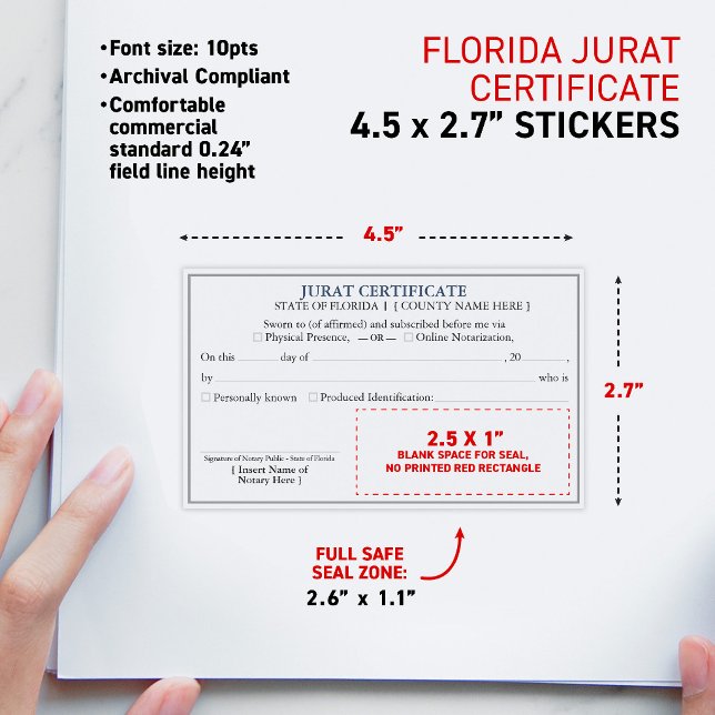 Adesivo Retangular FLORIDA Certificado de Juramento Notarial Document (FLORIDA Notary Jurat Certificate Document 4.5x2.7" Rectangular Stickers, matte finish)