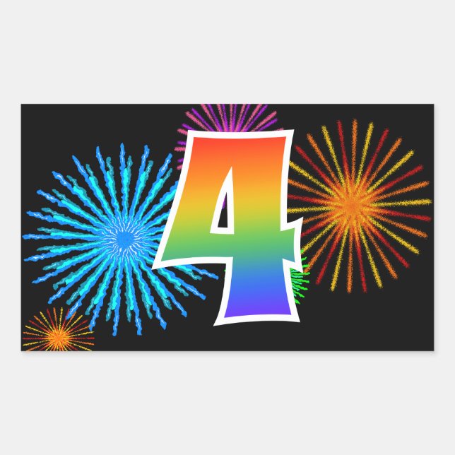 Adesivo Retangular Fogos de Artifício Divertidos + Padrão de Arco-íri (Frente)