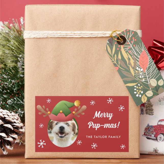 Adesivo Retangular Foto do cão com Elf Reindeer Antler Hábito (Feriado)