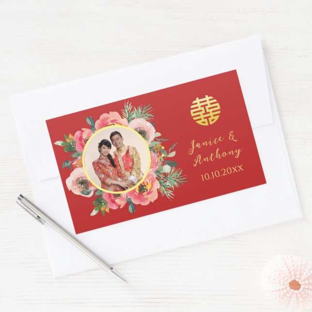 Adesivo Retangular Foto do casamento chinês, cor-de-rosa moderno (Envelope)