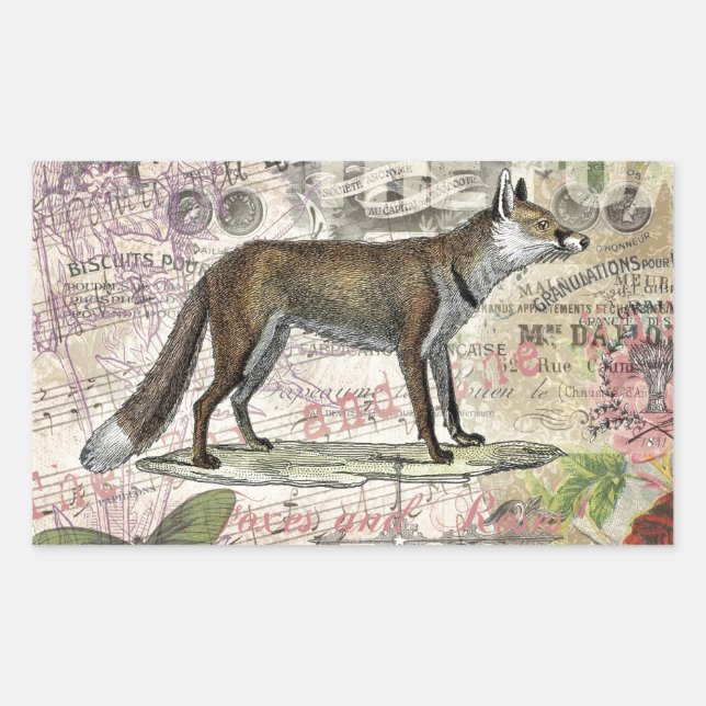 Adesivo Retangular Fox Wildlife Vintage Animal Illustration (Frente)