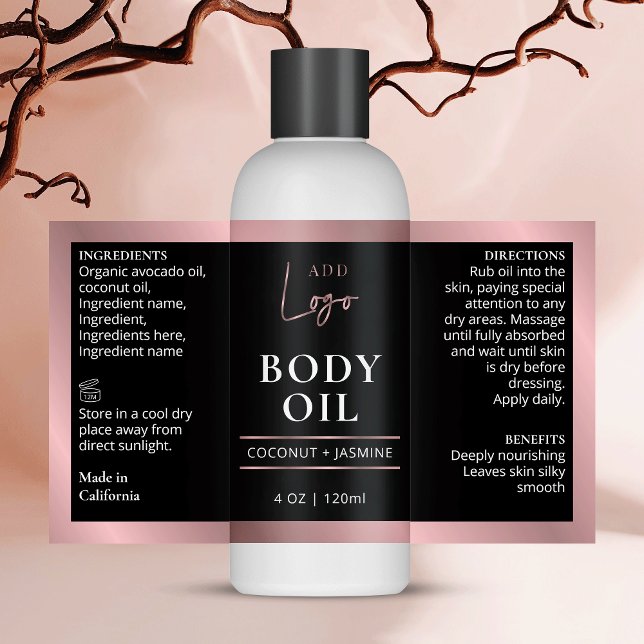 Adesivo Retangular Frasco Cosmético de 4 OZ preto e Rosa Dourado (Elegant black and faux rose gold border cosmo bottle wrapper label with space for your logo)