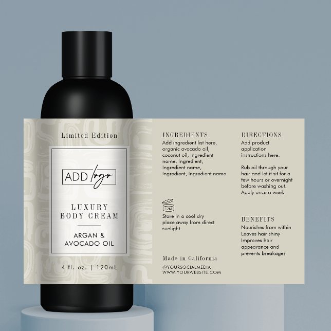 Adesivo Retangular Frasco Cosmo 118ml Padrão Boho Bege Neutro Logo (Elegant abstract pattern light cream product label template)