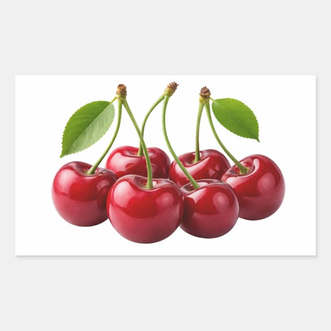 Adesivo Retangular Fresh Red Cherries With Green Leaves Sticker (Frente)