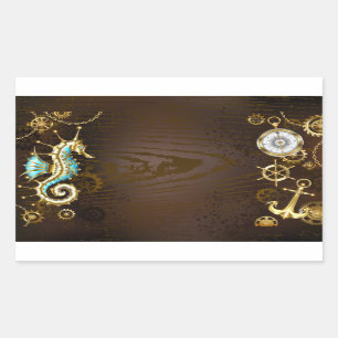 Adesivo Retangular Fundo de madeira com cavalo de mar mecânico