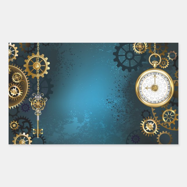 Adesivo Retangular Fundo turquesa Steampunk com Engrenagens (Frente)
