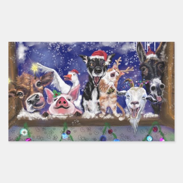 Adesivo Retangular Funny Farm Animal Christmas Gift Stickers (Frente)