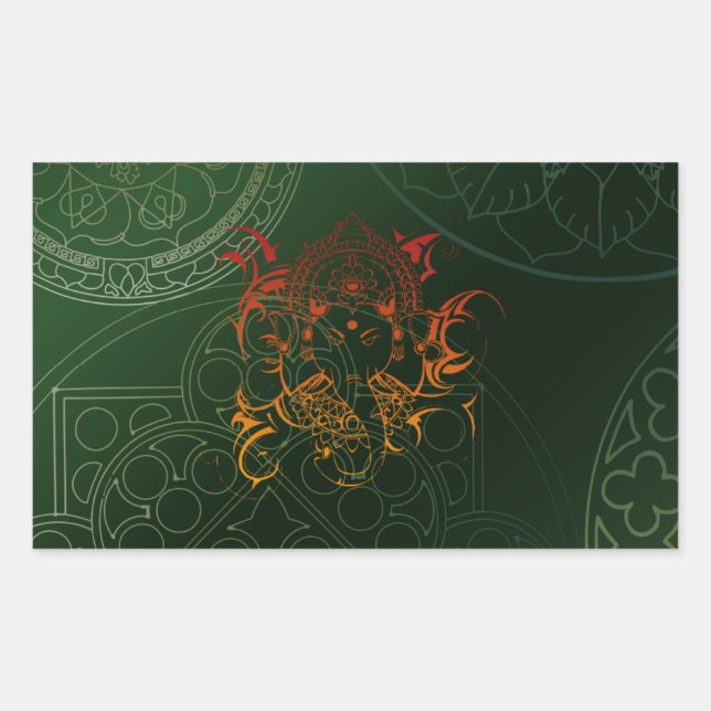 Adesivo Retangular Ganesh Elephant Mandala - laranja verde Yoga Asia (Frente)