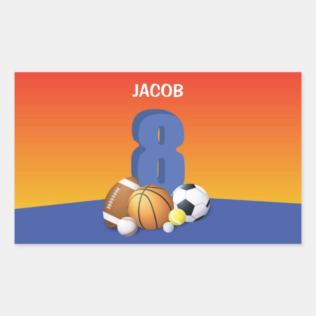 Adesivo Retangular Garoto 8º Aniversário de Esportes (Frente)